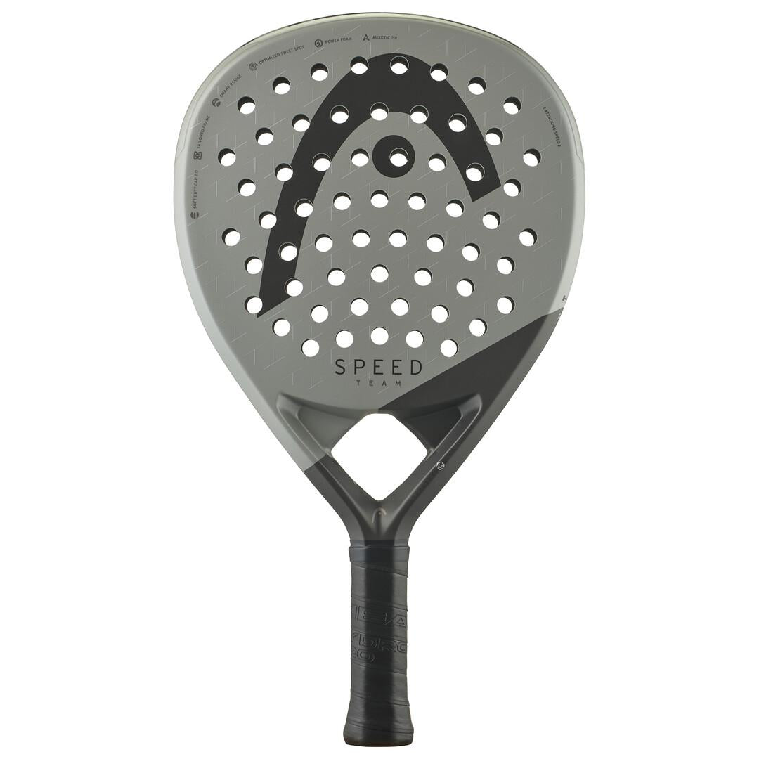 The HEAD Speed Team 2025 Padel Racket in grey/black features a perforated circular head, black grip handle, and large black logo. Designed for power and control with "SPEED TEAM" on the head, it uses Auxetic 2.0 technology for enhanced performance.