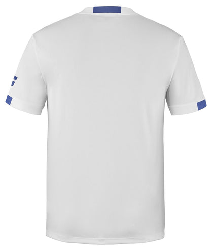 From the back, the Babolat Play Men's Crew Neck Padel T-Shirt in White showcases short sleeves and a round neckline. It features blue accents on the sleeve cuffs and upper back collar area, made from Babolat's recycled polyester for a sustainable touch.