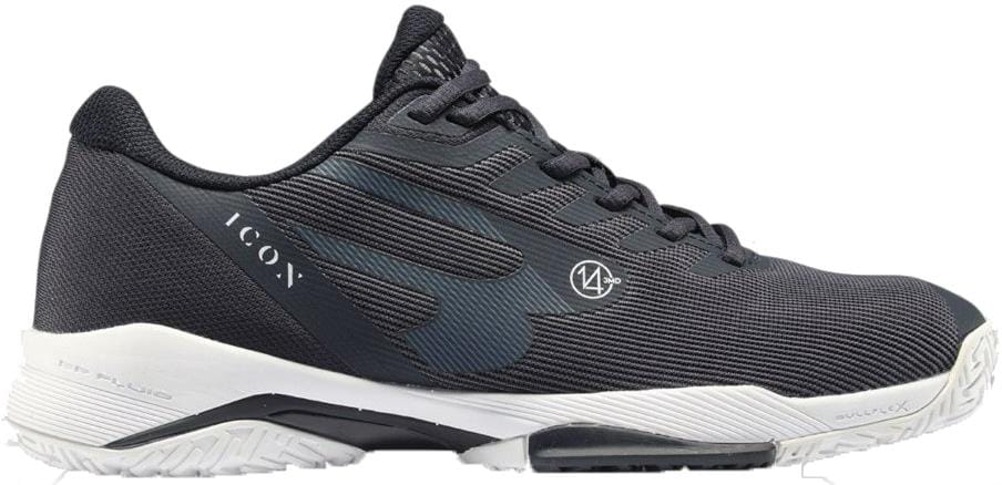 The Bullpadel Icon 26V Men's Padel Shoe in navy has a textured design, white sole and laces, "ICON" and a circular "M4" logo on the side. Lightweight with detailed stitching, it features a low-cut style—perfect for court play.