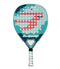 The Bullpadel Indiga Junior 25 Girls Padel Racket boasts a playful design featuring a red cartoon dragon on a teal background, with "Bullpadel" prominently displayed. The white and green-wrapped handle incorporates Grip Zone technology for enhanced precision and comfort.