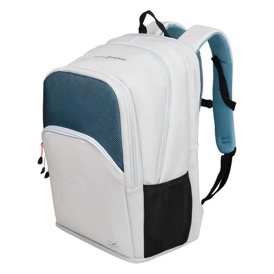 The Bullpadel BPM26009 Vertex W Padel Backpack in white features blue accents, black mesh side pockets, a front zip pocket with mesh overlay, padded blue shoulder straps, and a top handle—perfect for padel fans.