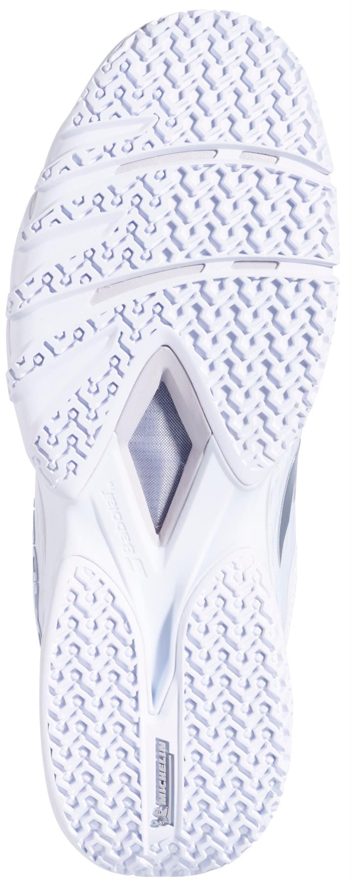 The white sole of the Babolat Premura 3 Womens Padel Shoes by Babolat has a textured tread, grooves, visible branding, and a midfoot cutout for enhanced performance.