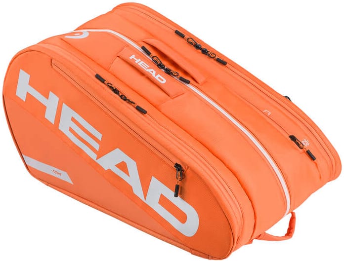 The HEAD Tour 2026 Padel Racket Bag L in orange features multiple zippered compartments, a top carrying handle, and a bold HEAD logo—ideal as your everyday padel or racket bag.
