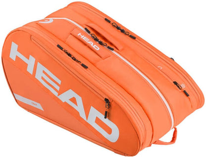 The HEAD Tour 2026 Padel Racket Bag L in orange features multiple zippered compartments, a top carrying handle, and a bold HEAD logo—ideal as your everyday padel or racket bag.