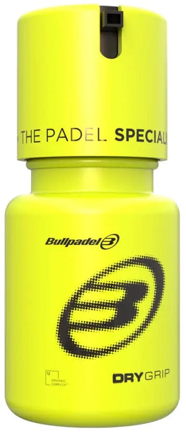 The Bullpadel Dry Grip Gel Bottle - Yellow is a padel grip gel by Bullpadel, designed for paddle tennis players who want a long-lasting grip on the court. The bright yellow bottle features black text and the label "THE PADEL SPECIALIST.