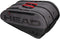 The HEAD Coello Tour Padel Racket Bag L - Dark Grey is a large gray and black bag with striking red handles and zippers, designed with multiple compartments and the signature crown logo on the bottom corner. As part of the exclusive Arturo Coello collection by HEAD, this versatile padel racket bag blends style and functionality, making it ideal for dedicated players.