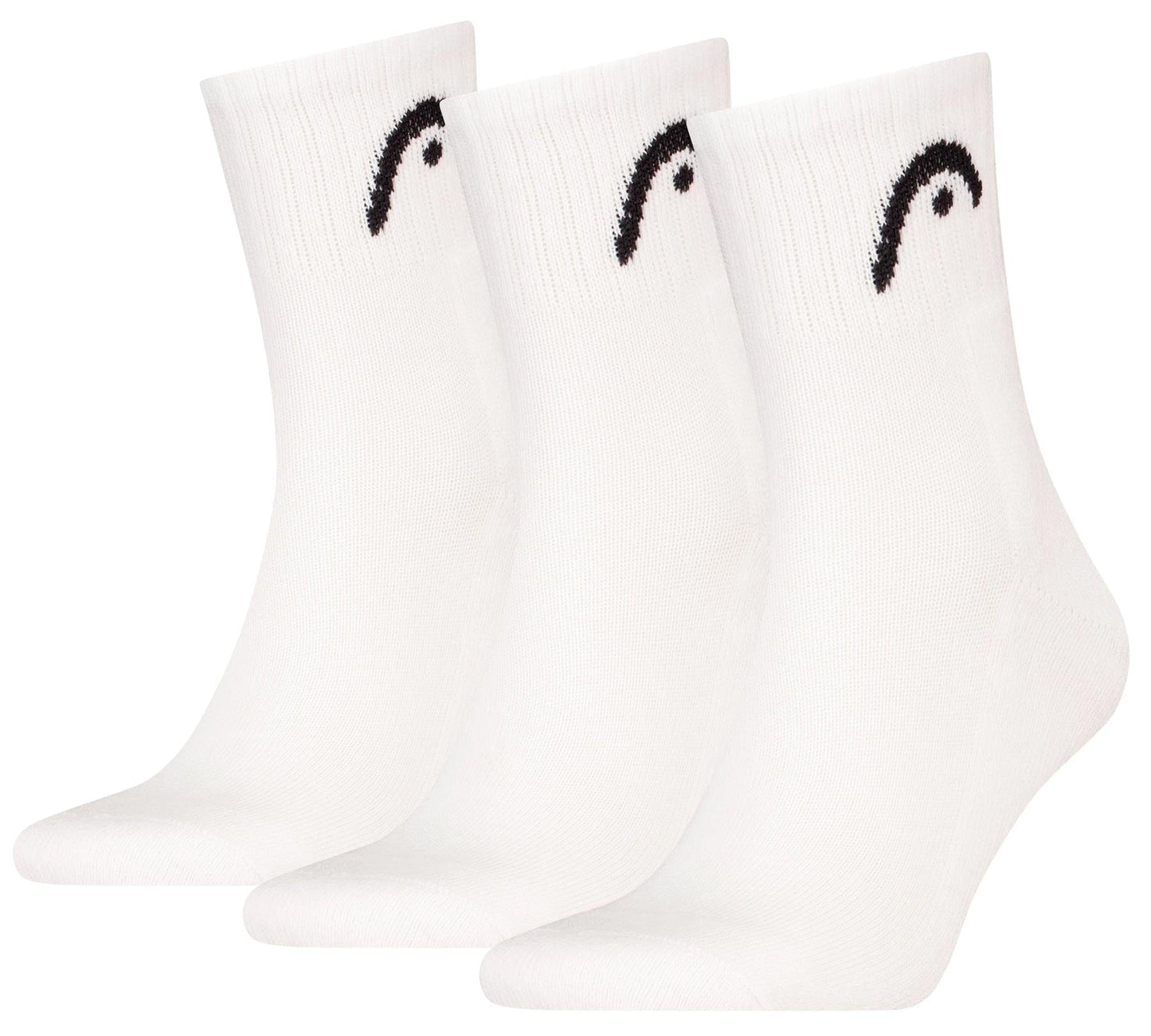 The HEAD Club Short Crew Padel Socks - White (3 Pack) by HEAD, made from soft cotton and featuring a small black curved design near the top, are shown side by side on a plain white background.