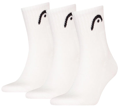 The HEAD Club Short Crew Padel Socks - White (3 Pack) by HEAD, made from soft cotton and featuring a small black curved design near the top, are shown side by side on a plain white background.