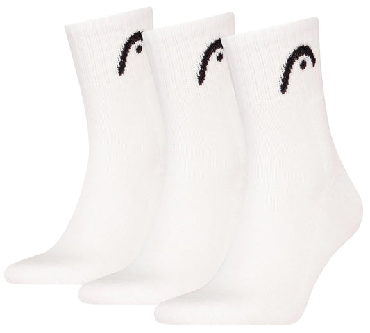 The HEAD Club Short Crew Padel Socks - White (3 Pack) by HEAD, made from soft cotton and featuring a small black curved design near the top, are shown side by side on a plain white background.