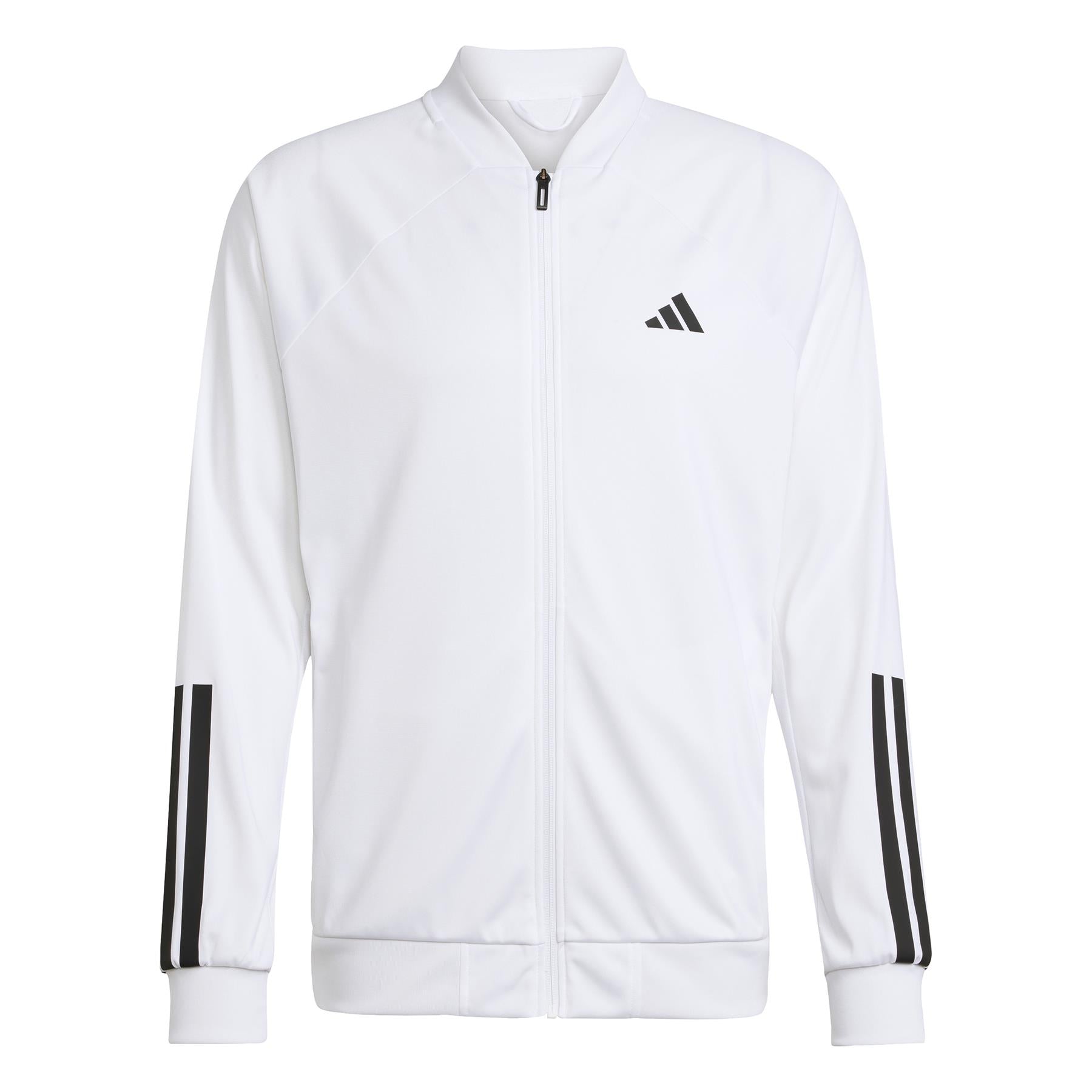 The ADIDAS Men's 3 Stripe Knit Padel Jacket in white features the iconic black adidas logo on the chest and 3 Stripe detailing on the sleeves, ideal for padel enthusiasts.