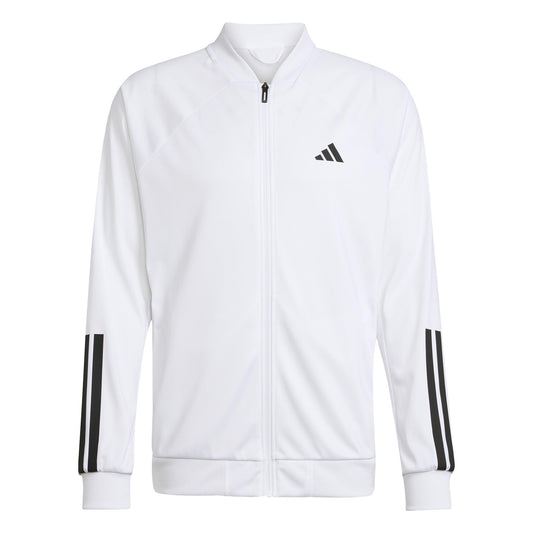 The ADIDAS Men's 3 Stripe Knit Padel Jacket in white features the iconic black adidas logo on the chest and 3 Stripe detailing on the sleeves, ideal for padel enthusiasts.