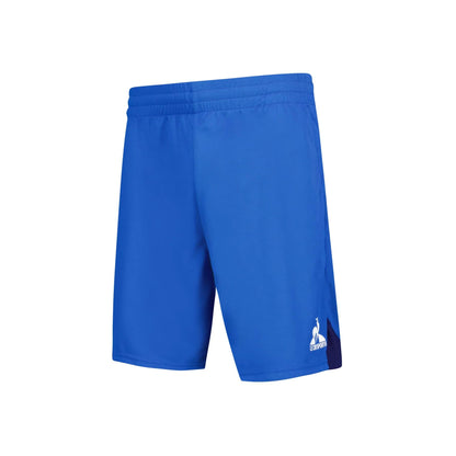 The Le Coq Sportif Pro Men's Padel Shorts in Lapis Blue offer tennis players both comfort and style, designed with an elastic waistband and a small logo on the lower left side.