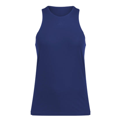 A sleeveless navy adidas Women's Club Padel Tank Top, set against a white backdrop, made from recycled materials. It has a simple design with a rounded neckline and smooth fabric. This Climacool top suits sports and casual wear.