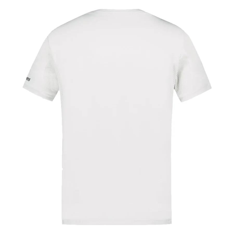 Back view of a K-Swiss Le Coq Sportif Pro Men's Padel T-Shirt in optical white, made from breathable polyester, showcased on a white background. The short-sleeve design highlights its minimalist and unadorned appeal.