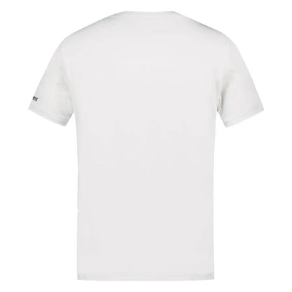 Back view of a K-Swiss Le Coq Sportif Pro Men's Padel T-Shirt in optical white, made from breathable polyester, showcased on a white background. The short-sleeve design highlights its minimalist and unadorned appeal.