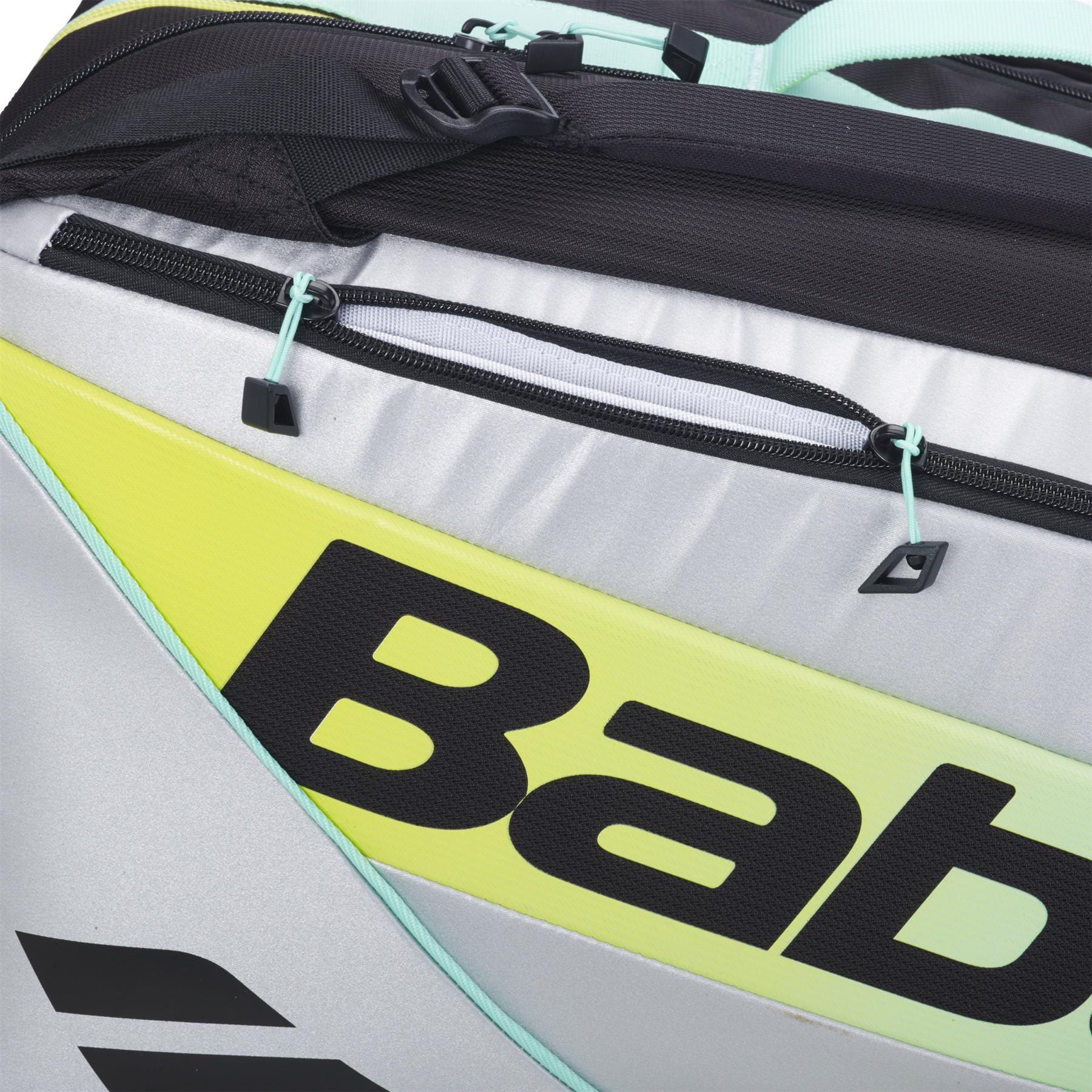 Close-up of the Babolat RH Pro 4 Racket Padel Bag in Black/Multi, featuring black zippers, mint green accents, bold "Bab" logo, an insulated compartment for rackets, and large capacity for all your gear.