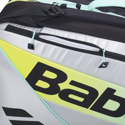 Close-up of the Babolat RH Pro 4 Racket Padel Bag in Black/Multi, featuring black zippers, mint green accents, bold "Bab" logo, an insulated compartment for rackets, and large capacity for all your gear.