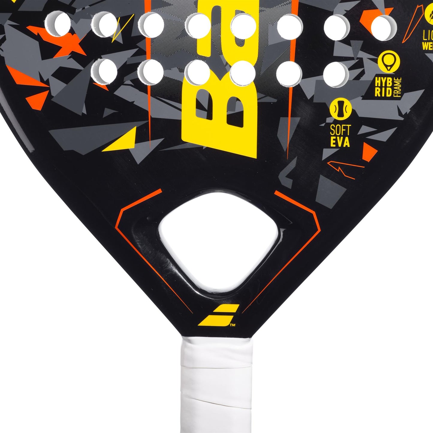 Close-up of the Babolat Storm Padel Racket - Black / Yellow by Babolat, highlighting its teardrop-shaped head adorned with geometric patterns and yellow accents. Ideal for beginner to intermediate players, this racket is equipped with "Soft EVA" and "Hybrid Frame," along with a white grip at the base.