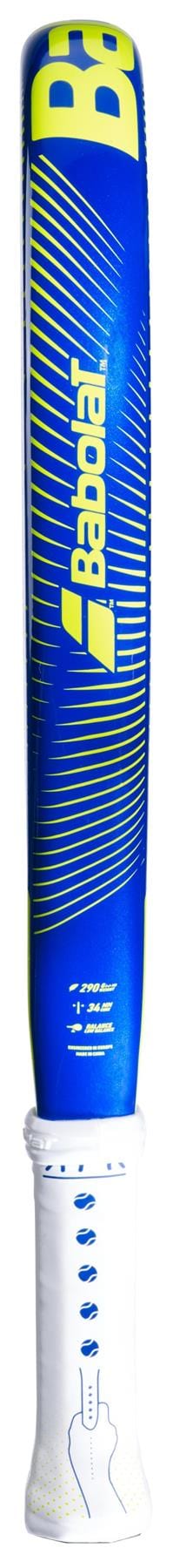 The Babolat Alioth Mini Junior Padel Racket in blue and yellow features a white handle grip and is shown vertically on a white background, with visible Babolat branding and graphic designs on the shaft.