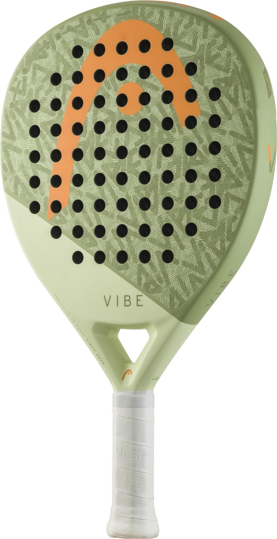 The HEAD Vibe 2026 Green / Orange Padel Racket features a perforated fibreglass surface, the "VIBE" text on the shaft, Head’s orange logo, and a handle finished with white grip tape.