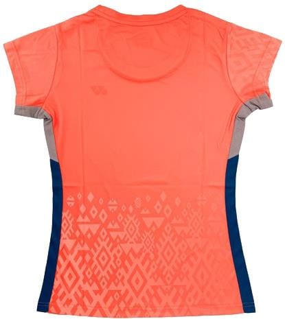 The Yonex YTL11 Womens Padel T-Shirt – Sunset is a short-sleeved tee featuring lightweight performance fabric, subtle geometric lower back patterns, gray side panels, and dark blue side accents.