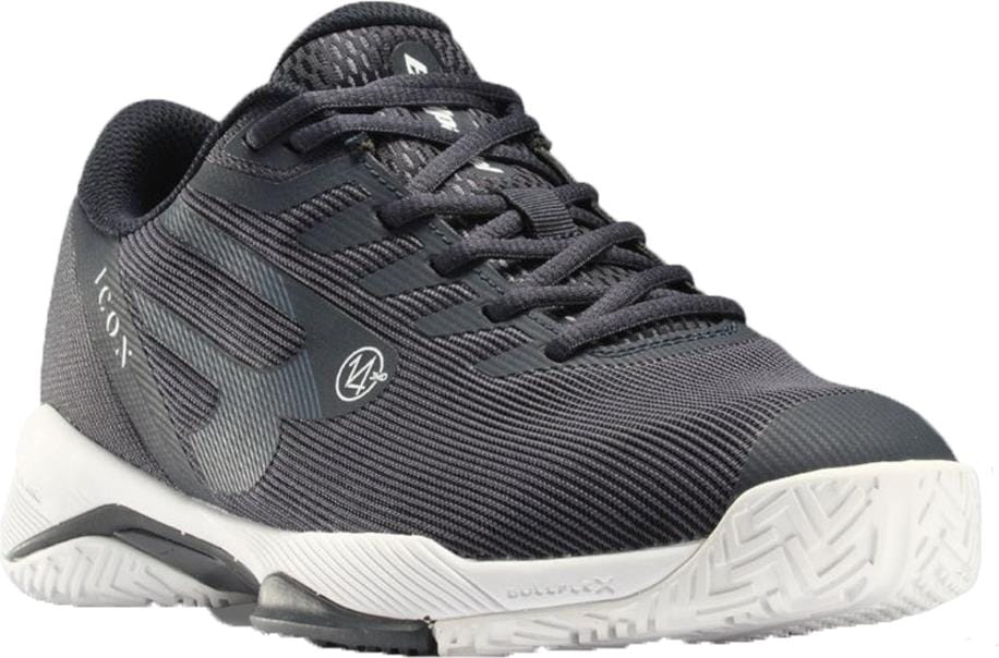 The Bullpadel Icon 26V Mens Padel Shoes in navy feature a textured upper, black laces, a prominent side logo, and a white patterned rubber sole for lightweight support on the court.