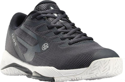 The Bullpadel Icon 26V Mens Padel Shoes in navy feature a textured upper, black laces, a prominent side logo, and a white patterned rubber sole for lightweight support on the court.