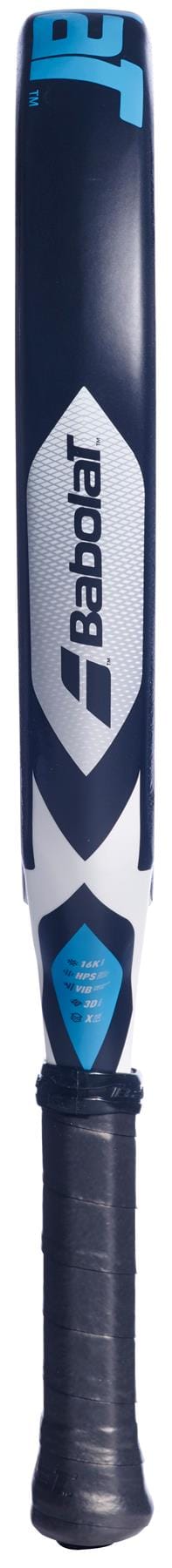 A close-up of the Babolat Air Viper 2.6 Padel Racket handle, showing a black grip and a blue, white, and black design with the Babolat logo on the throat and durable 16K carbon construction.