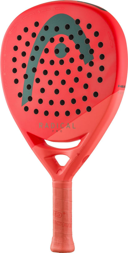 The HEAD Radical Pro 2026 Padel Racket in vibrant orange and green features black circular holes, a dark green abstract logo near the top, "RADICAL PRO" on the face, and a wrapped grip—an advanced racket by HEAD designed for control.