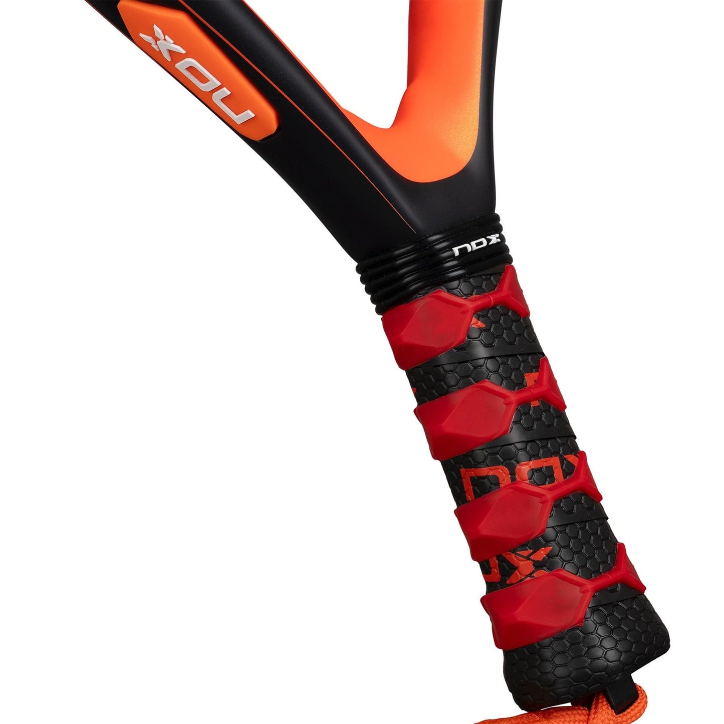 Close-up of the NOX Equation Hard Advanced 2026 Padel Racket handle by NOX, featuring a black and orange design, textured red and black grip with geometric patterns, and an advanced anti-vibration system for enhanced comfort.