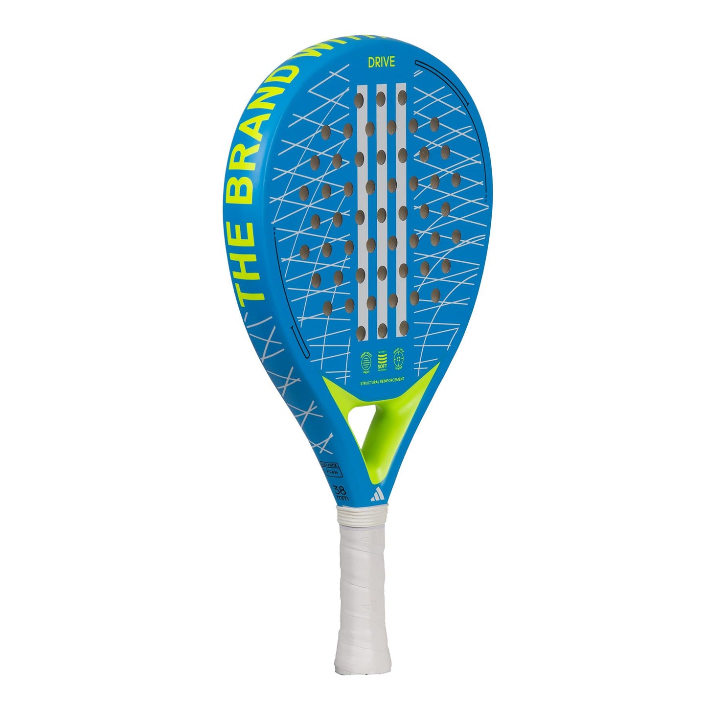 Introducing the ADIDAS Drive 3.3 Padel Racket by adidas, a beginner-friendly racket in blue with a sleek white grip, highlighted by striking yellow accents and the word "DRIVE" prominently displayed on the side. Its surface features strategically placed holes and a geometric pattern, all designed to enhance performance with its soft performance EVA for an exceptional play experience.