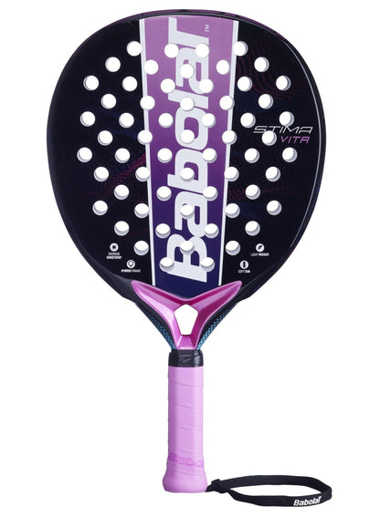 The Babolat Stima Vita Padel Racket in black and purple features distinctive white branding, multiple circular holes, and a pink grip with wrist strap for a stylish, lightweight option for players.
