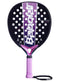The Babolat Stima Vita Padel Racket in black and purple features distinctive white branding, multiple circular holes, and a pink grip with wrist strap for a stylish, lightweight option for players.