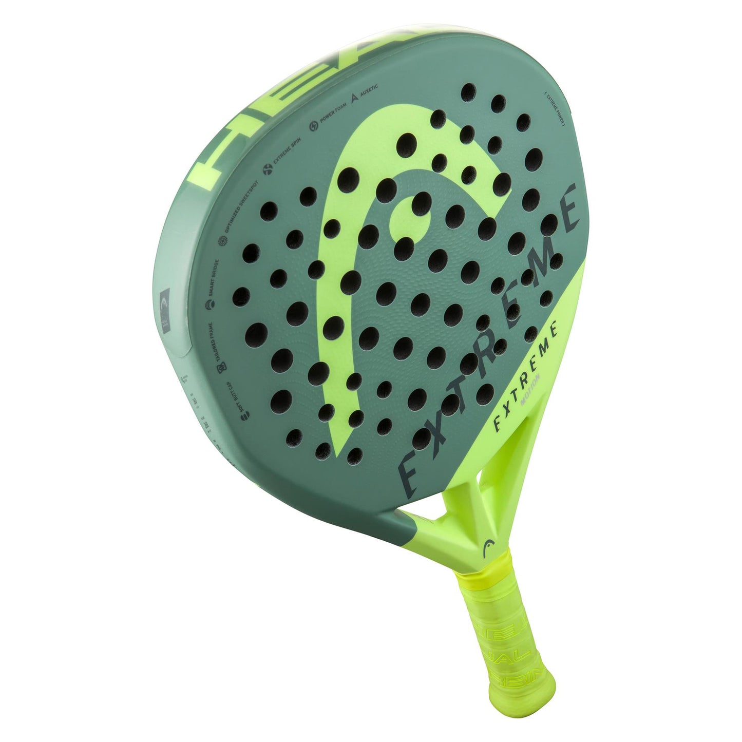 Utilizing Auxetic technology, the HEAD Extreme Elite 2023 Padel Racket - Green showcases a perforated surface in green and yellow, prominently featuring the bold "HEAD" logo. Its handle is wrapped in a bright yellow grip that enhances its aerodynamic design, while the racket is slightly angled upward to optimize play.