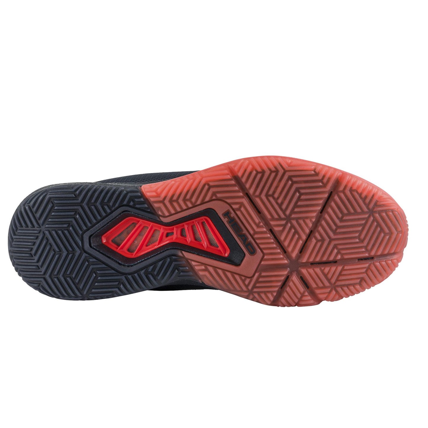 The image showcases the sole of the HEAD Motion Pro Mens Padel Shoes in Blueberry and Fiery Coral. Designed for stability, it features a hexagonal tread for grip and incorporates a fiery coral support structure in the middle, offering enhanced cushioning ideal for padel shoes.