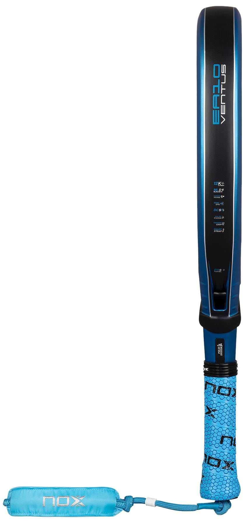 The NOX Luxury EA10 Ventus Attack 12K XTREM By Edu Alonso 2026 Padel Racket stands upright on a white background, showcasing its blue design, "EARLO VENTUS" side detail, hexagon-patterned grip, and matching wrist strap.