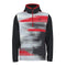 The HEAD Vision Topspin Men's Padel Hoodie - BKXV by HEAD features a glitch print design with an eye-catching color block pattern of horizontal stripes in red, black, and gray tones. Made with moisture transfer microfiber, it includes a half-zip front and long sleeves.