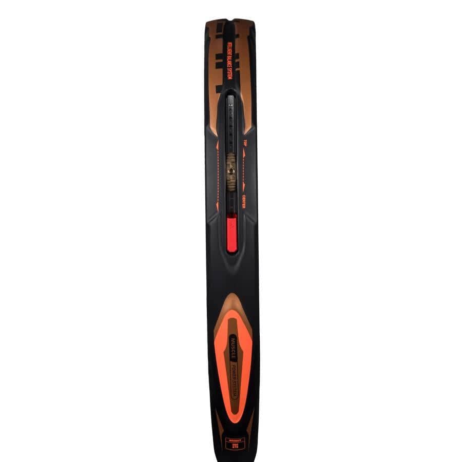 A close-up of a black and orange ski with detailed markings and central binding, inspired by the intelligent balance system of top gear like the adidas Arrow Hit CTRL 2026 Padel Racket.