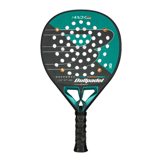 The Bullpadel Hack 04 Hybrid 2025 Padel Racket, in a striking black and green color scheme, prominently displays the "Hack" branding alongside "Bullpadel" on its surface. It features circular holes, a textured grip handle, and incorporates Total Channel technology to boost performance, making it ideal for dedicated players.