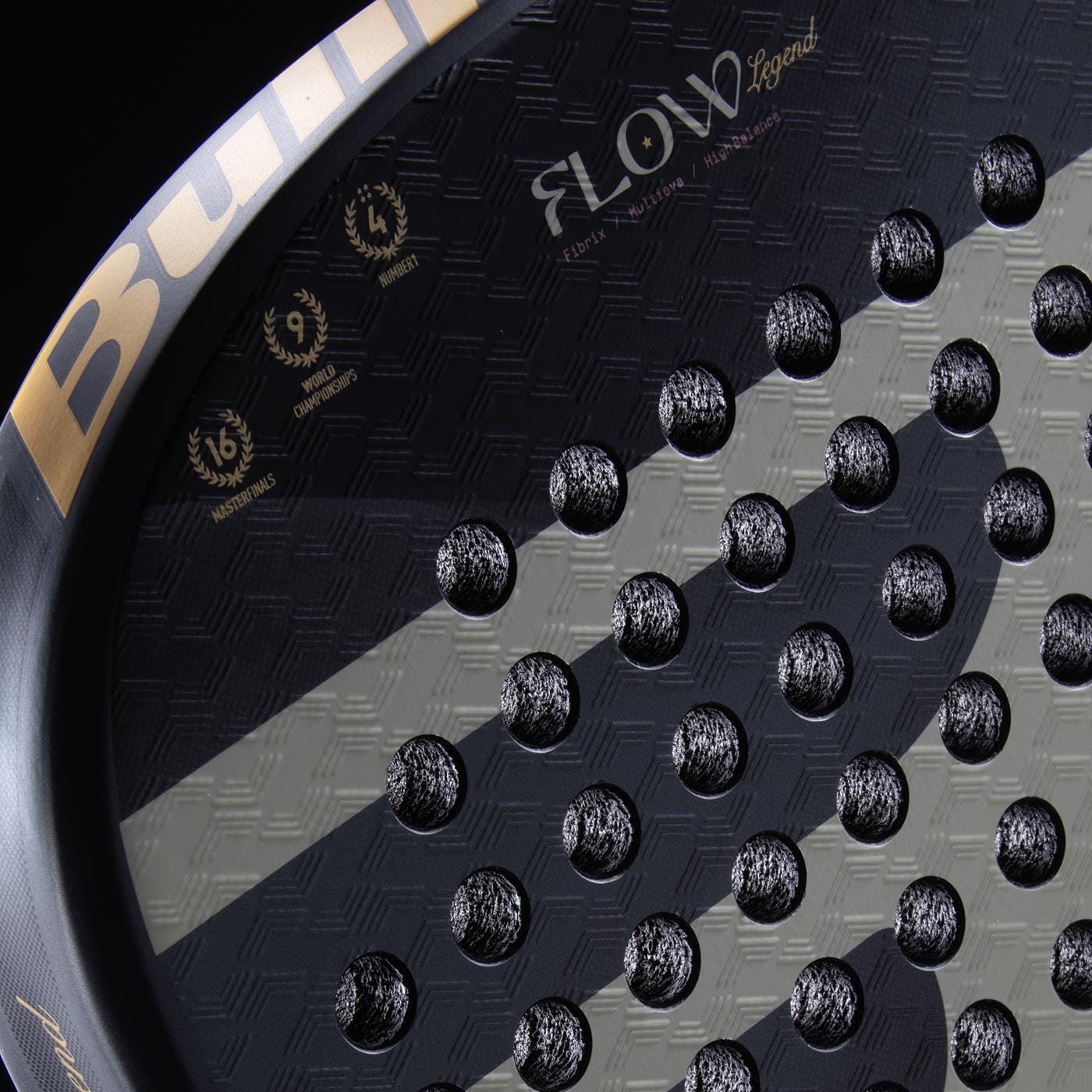 Close-up of the Bullpadel Flow Legend 2026 Padel Racket - Black, showing textured circular holes, gold "FLOW" branding, award symbols, and FLOWFORCE technology on the surface. Brand: Bullpadel.