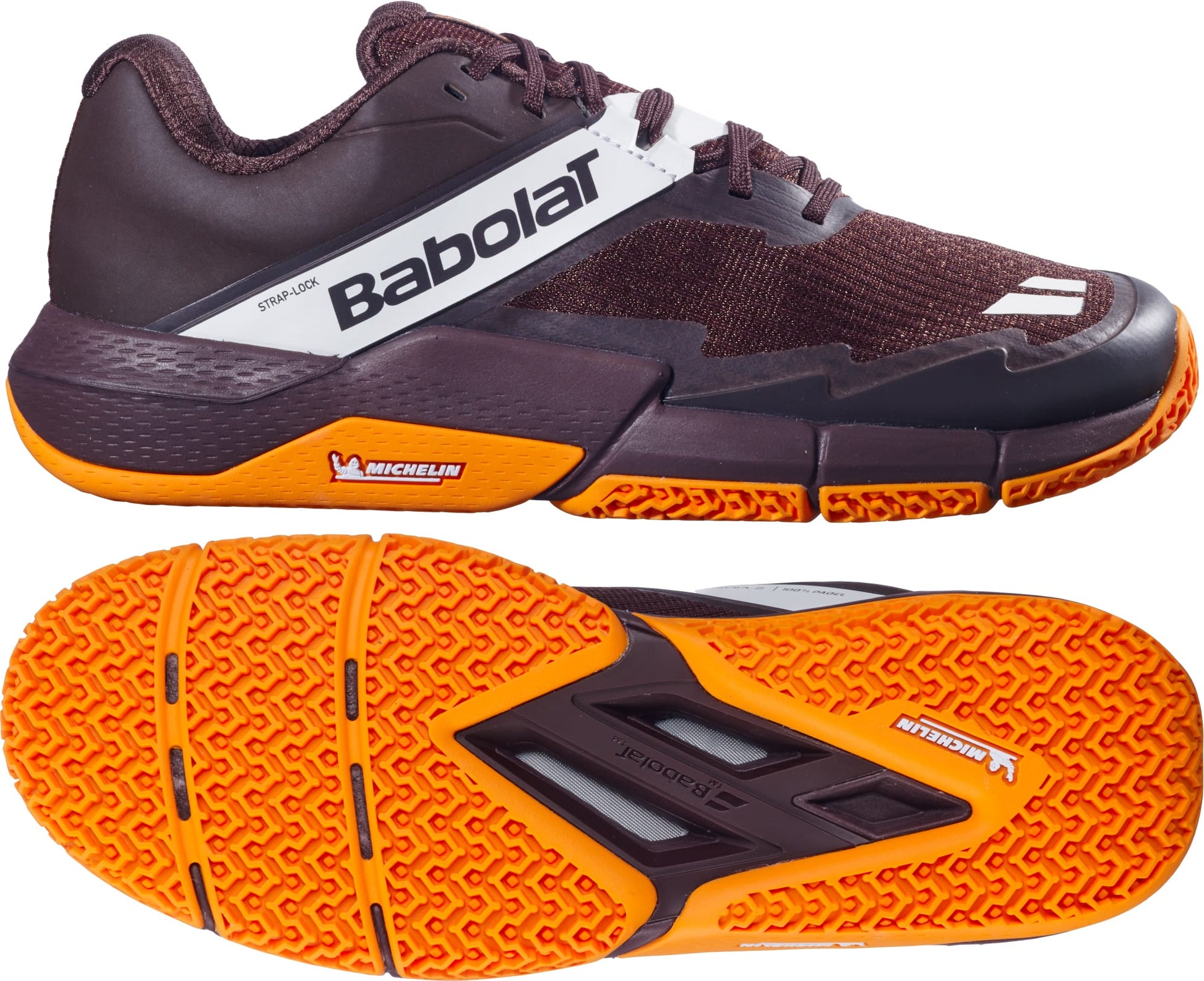A pair of Babolat Movea 2 Men's Padel Shoes in brown and cream, featuring an orange sole. The top image displays a side view, while the bottom image showcases the textured outsole with both Babolat and Michelin logos, emphasizing these high-performance men's padel shoes.