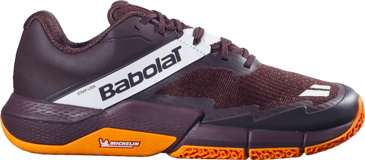The Babolat Movea 2 Mens Padel Shoes in brown and cream feature white branding on the side, black laces, and subtle color accents, along with a Michelin logo near the heel—making them an ideal choice for players seeking top-performing men's padel court shoes.
