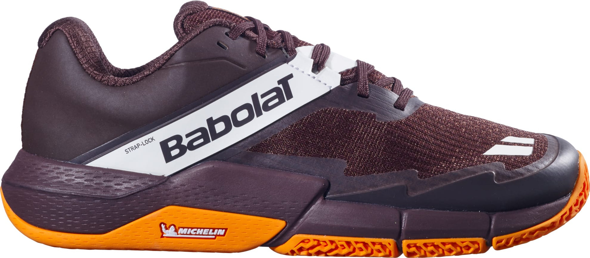 The Babolat Movea 2 Mens Padel Shoes in brown and cream feature white branding on the side, black laces, and subtle color accents, along with a Michelin logo near the heel—making them an ideal choice for players seeking top-performing men's padel court shoes.