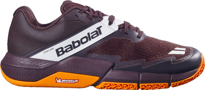The Babolat Movea 2 Mens Padel Shoes in brown and cream feature white branding on the side, black laces, and subtle color accents, along with a Michelin logo near the heel—making them an ideal choice for players seeking top-performing men's padel court shoes.