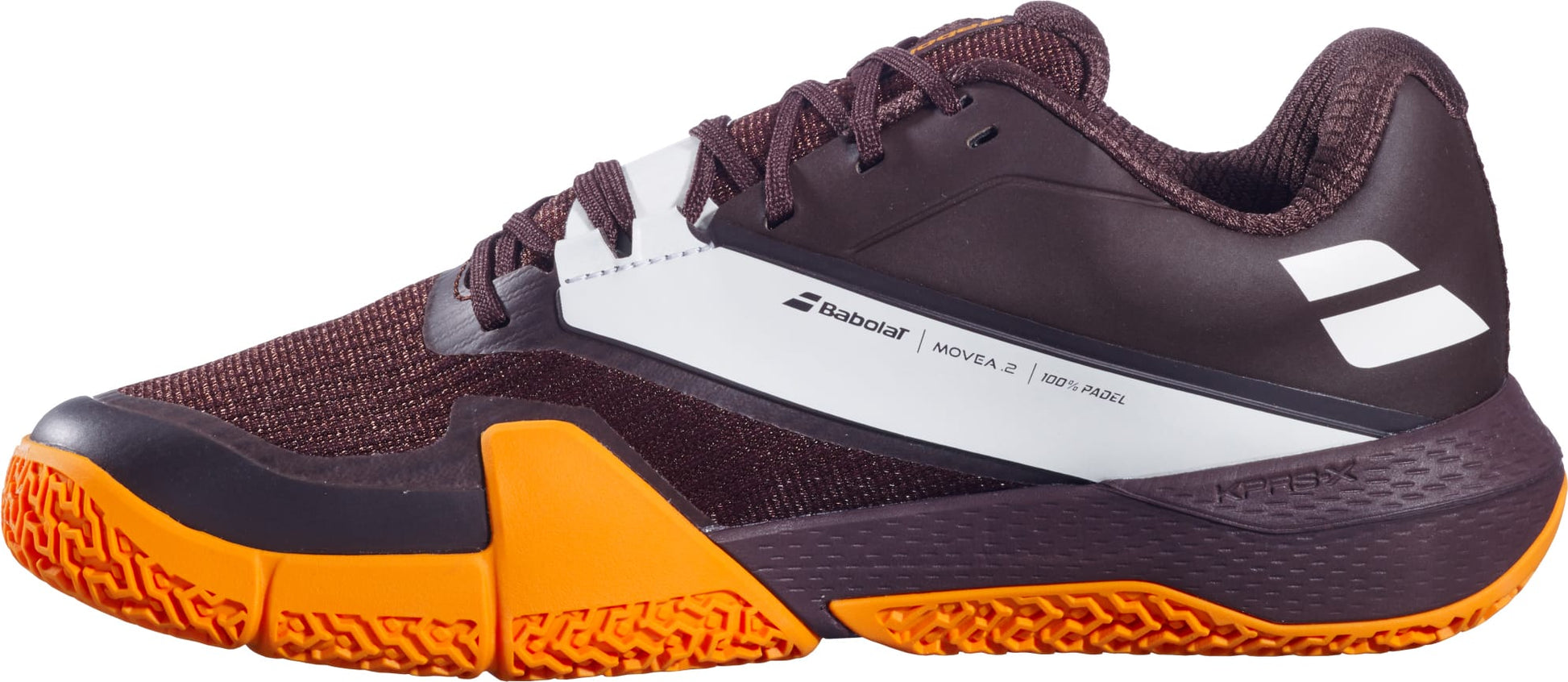 Shown in a side profile view against a white background, the Babolat Movea 2 Men's Padel Shoes in Brown/Cream feature distinctive white accents and the signature Babolat logo. Specifically designed for men, these padel court shoes combine style and performance to meet the needs of serious athletes.