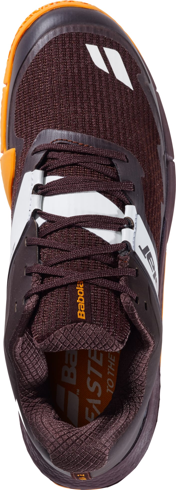 Top view of the Babolat Movea 2 Men's Padel Shoes in brown and cream, featuring a mesh upper, laces, and signature Babolat branding on the tongue and side—ideal for players looking for dependable padel court footwear.