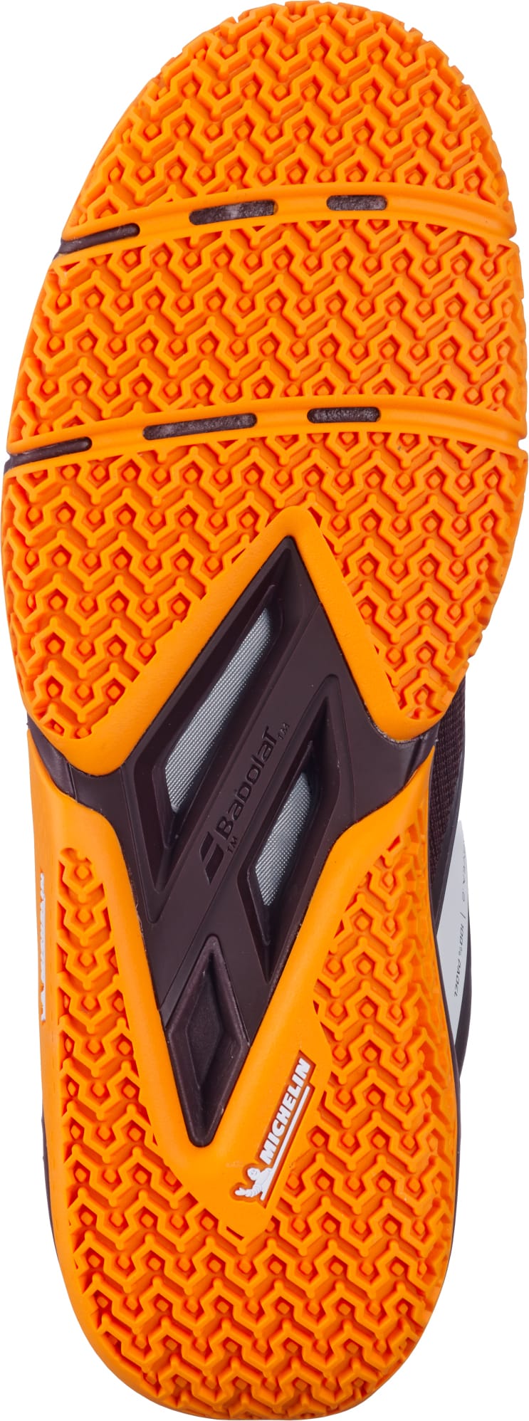 Close-up of the Babolat Movea 2 Mens Padel Shoes in Brown and Cream, featuring a textured Michelin rubber sole and Babolat branding for enhanced traction and durability. Designed specifically as padel court shoes, these men's shoes provide superior support for every match.