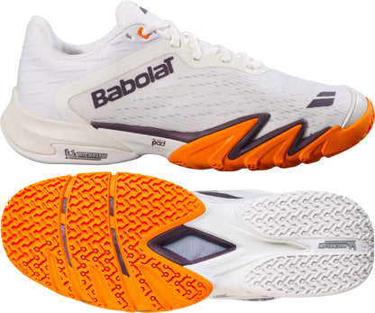 The Babolat Premura 3 Men's Padel Shoes in Cream and Orange, from Babolat, feature striking orange and black accents. Displayed from the side and bottom, these shoes showcase a sole with textured orange and white patterns that deliver excellent traction—making them perfect for quick, agile movements on the padel court.