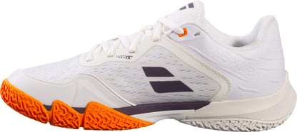 The Babolat Premura 3 Men's Padel Shoes in Cream and Orange feature a textured sole and mesh side panels for optimal performance on the court.