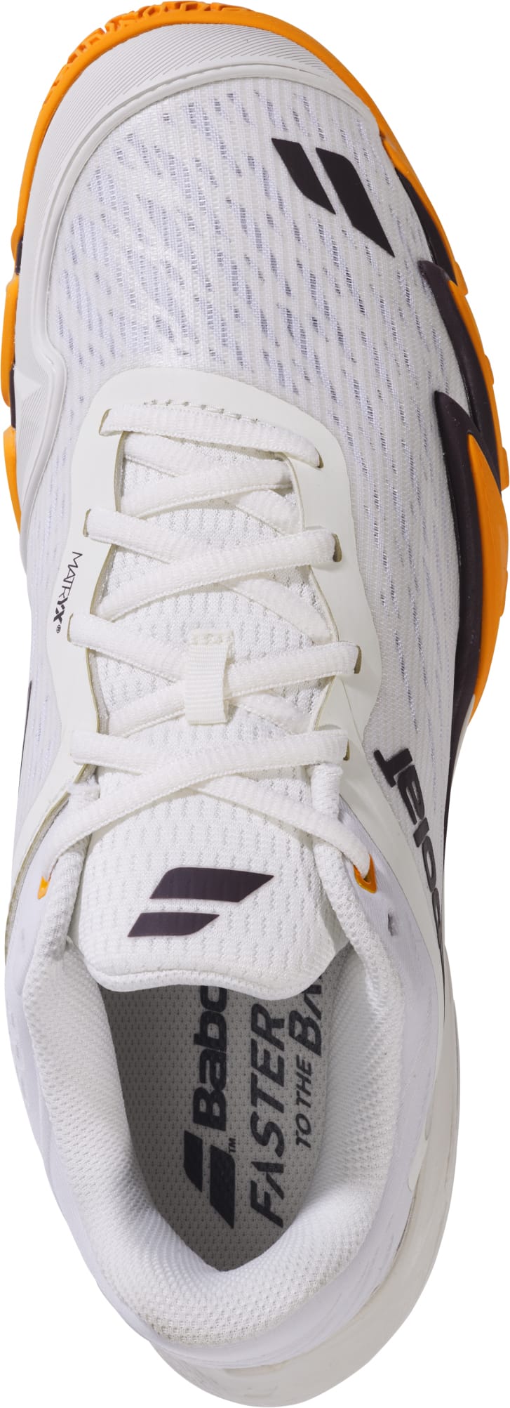 The Babolat Premura 3 Mens Padel Shoes in Cream and Orange are shown from a top view, highlighting the laces, breathable mesh upper, and signature Babolat branding on the tongue and insole. Engineered as premium men's padel shoes by Babolat, they feature a specialized padel sole to deliver exceptional grip and performance on court.